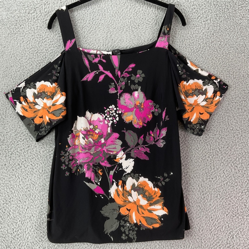 Floral Cold-Shoulder Women's Top in Black with Pink & Orange Blooms - Picture 1 of 6